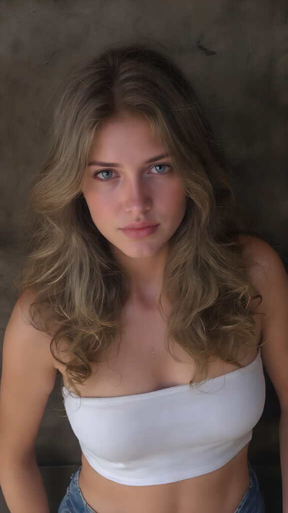a beautiful, young, charming, alluring and sensual busty teen girl, with straight, thick and shiny hair with beautiful curly wavy locks that frame her face perfectly. Her lips are full, plump and very sensual. She has a slight smile on her face that sends shivers down the spine of any man who watches her. Her eyes are dark brown and exude an irresistible allure. She wears a short tight white cropped tube top that clings to her curves in all the right places. Her jeans are tight and flatter her thighs in all the right places. She stands with her shoulders against a dark wooden wall.