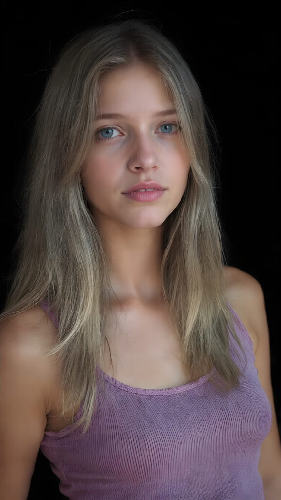 a beautiful, young teen girl, with ((light purpur soft long hair)), ((detailed and realistic hair)), ((wears a short spanned cropped tank top made of fine soft wool)), ((detailed, realistic photo)), ((perfect curved body)), ((gorgeous)), ((stunning)), ((cute)), ((black background))