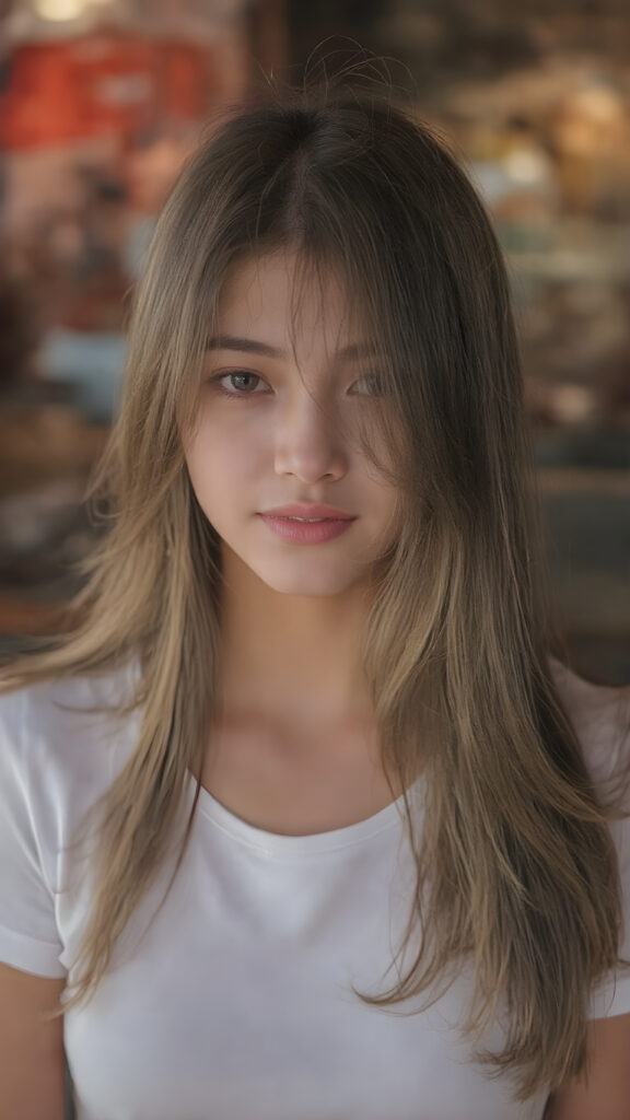 a beautiful, young Asian and Oriental teen girl, ((soft light brown jet straight hair)) ((detailed and realistic hair)), ((detailed, realistic photo)) ((perfect curved body)) ((gorgeous)) ((stunning)) ((cute)), she wears a white short t-shirt