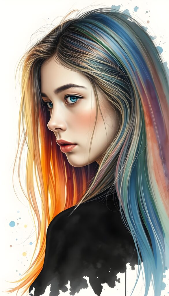 a beautiful, young teen girl, the ((hair in glowing rainbow colors)) ((detailed and realistic straight hair)), ((detailed, realistic photo)) ((perfect curved body)) ((gorgeous)) ((stunning)) ((cute)), view from the side.