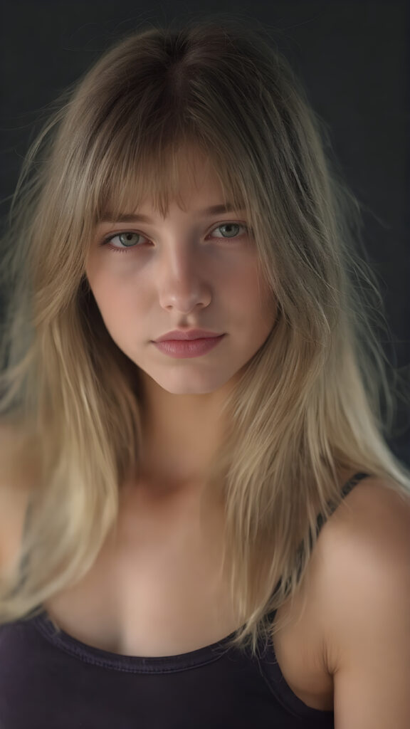 a beautiful, young teen girl, with ((light purpur soft long hair)), ((detailed and realistic hair)), ((wears a short spanned cropped tank top made of fine soft wool)), ((detailed, realistic photo)), ((perfect curved body)), ((gorgeous)), ((stunning)), ((cute)), ((black background))