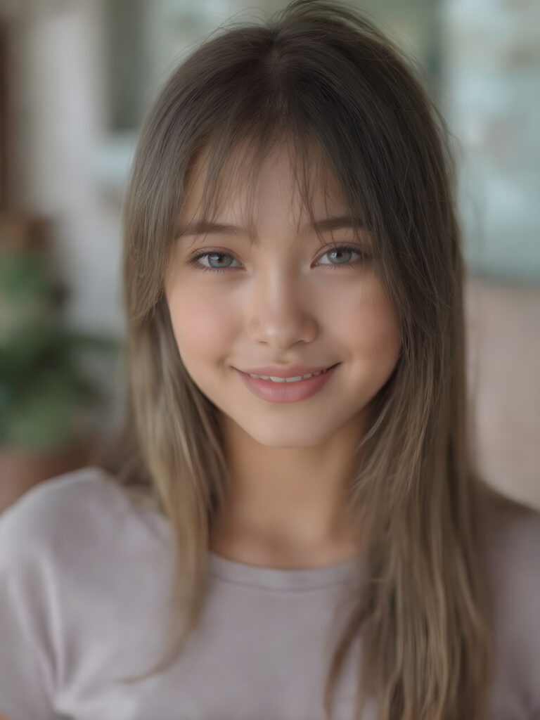 a beautiful, young teen girl, ((detailed and realistic straight hair)), ((detailed, realistic photo)) ((perfect curved body)) ((gorgeous)) ((stunning)) ((cute)), short crop shirt, enjoy her carefree life, she is smiling, posing