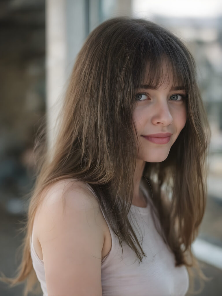 a beautiful, young teen girl, ((detailed and realistic straight hair)), ((detailed, realistic photo)) ((perfect curved body)) ((gorgeous)) ((stunning)) ((cute)), short crop shirt, enjoy her carefree life, she is smiling, posing