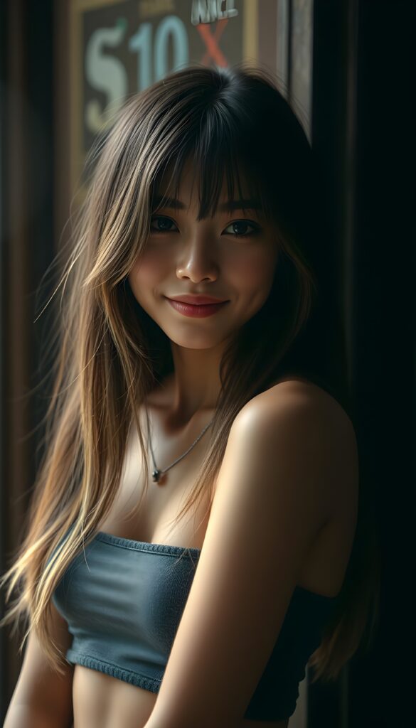 a beautiful, young teen girl, ((detailed and realistic dark straight hair with blond highlights)), ((detailed, realistic photo)) ((perfect curved body)) ((gorgeous)) ((stunning)) ((cute)), short crop tank top, enjoy her carefree life, she is smiling, posing