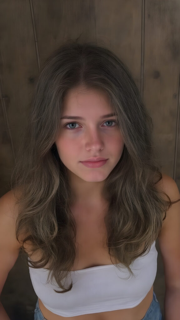 a beautiful, young, charming, alluring and sensual busty teen girl, with straight, thick and shiny hair with beautiful curly wavy locks that frame her face perfectly. Her lips are full, plump and very sensual. She has a slight smile on her face that sends shivers down the spine of any man who watches her. Her eyes are dark brown and exude an irresistible allure. She wears a short tight white cropped tube top that clings to her curves in all the right places. Her jeans are tight and flatter her thighs in all the right places. She stands with her shoulders against a dark wooden wall.