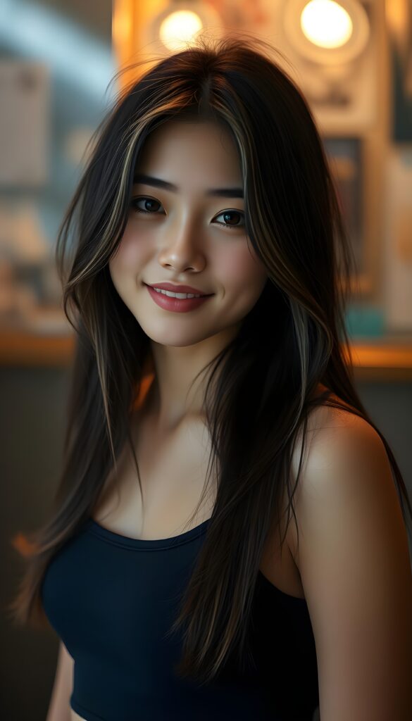 a beautiful, young teen girl, ((detailed and realistic dark straight hair with blond highlights)), ((detailed, realistic photo)) ((perfect curved body)) ((gorgeous)) ((stunning)) ((cute)), short crop tank top, enjoy her carefree life, she is smiling, posing