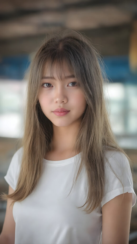 a beautiful, young Asian and Oriental teen girl, ((soft light brown jet straight hair)) ((detailed and realistic hair)), ((detailed, realistic photo)) ((perfect curved body)) ((gorgeous)) ((stunning)) ((cute)), she wears a white short t-shirt