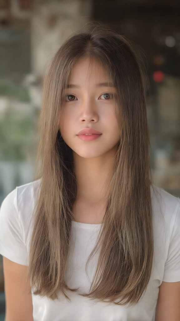 a beautiful, young Asian and Oriental teen girl, ((soft light brown jet straight hair)) ((detailed and realistic hair)), ((detailed, realistic photo)) ((perfect curved body)) ((gorgeous)) ((stunning)) ((cute)), she wears a white short t-shirt