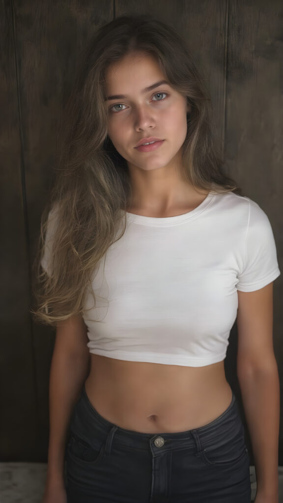 a beautiful, young, charming, alluring and sensual girl, with straight, thick and shiny hair with beautiful curly wavy locks that frame her face perfectly. Her lips are full, plump and very sensual. She has a slight smile on her face that sends shivers down the spine of any man who watches her. Her eyes are dark brown and exude an irresistible allure. She wears a short tight white T-shirt that clings to her curves in all the right places. Her jeans are tight and flatter her thighs in all the right places. She stands with her shoulders against a dark wooden wall.