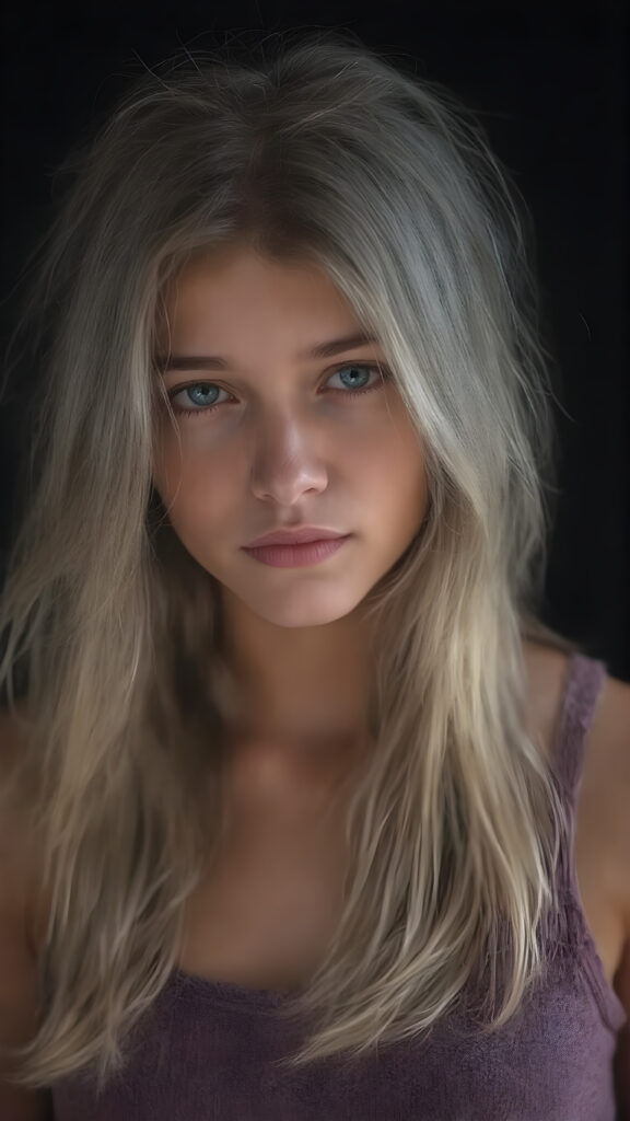 a beautiful, young teen girl, with ((light purpur soft long hair)), ((detailed and realistic hair)), ((wears a short spanned cropped tank top made of fine soft wool)), ((detailed, realistic photo)), ((perfect curved body)), ((gorgeous)), ((stunning)), ((cute)), ((black background))