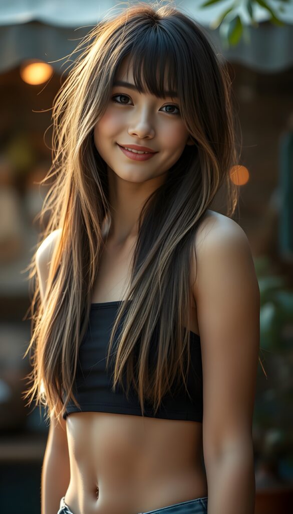 a beautiful, young teen girl, ((detailed and realistic dark straight hair with blond highlights)), ((detailed, realistic photo)) ((perfect curved body)) ((gorgeous)) ((stunning)) ((cute)), short crop tank top, enjoy her carefree life, she is smiling, posing