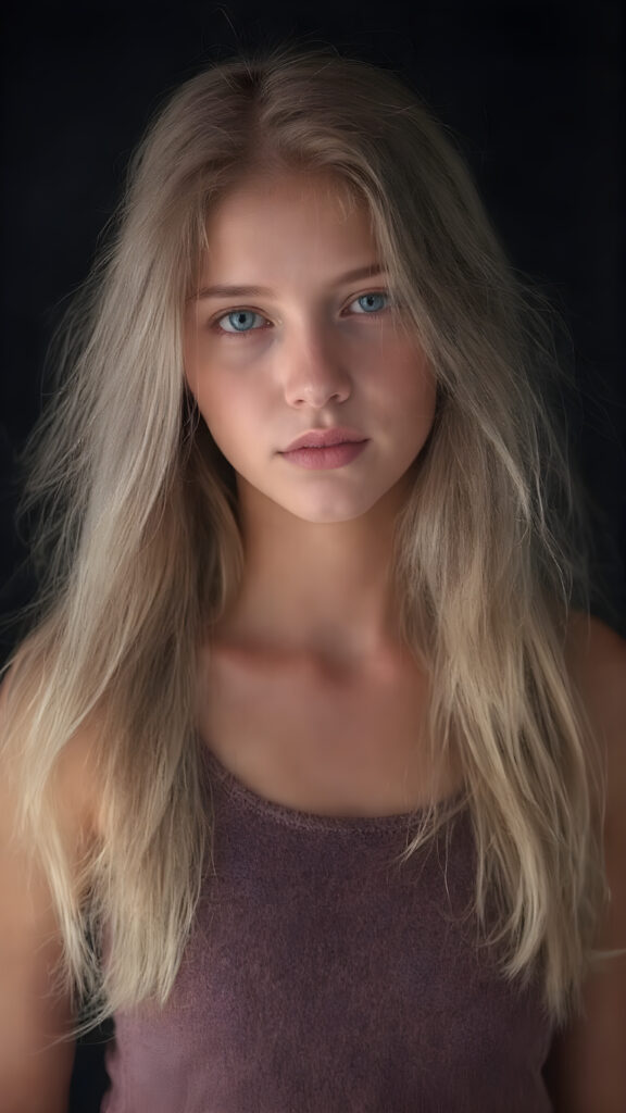 a beautiful, young teen girl, with ((light purpur soft long hair)), ((detailed and realistic hair)), ((wears a short spanned cropped tank top made of fine soft wool)), ((detailed, realistic photo)), ((perfect curved body)), ((gorgeous)), ((stunning)), ((cute)), ((black background))