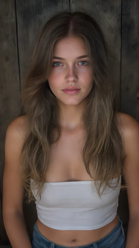 a beautiful, young, charming, alluring and sensual busty teen girl, with straight, thick and shiny hair with beautiful curly wavy locks that frame her face perfectly. Her lips are full, plump and very sensual. She has a slight smile on her face that sends shivers down the spine of any man who watches her. Her eyes are dark brown and exude an irresistible allure. She wears a short tight white cropped tube top that clings to her curves in all the right places. Her jeans are tight and flatter her thighs in all the right places. She stands with her shoulders against a dark wooden wall.