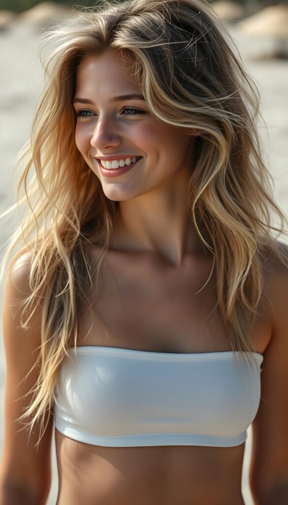 a beautiful, young sweet teen girl stands on a sandy beach, smile very happy, long messy flowing summer blonde hair, (short spandex crop top), sunny background, side view.
