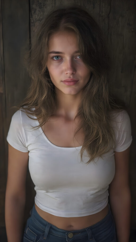 a beautiful, young, charming, alluring and sensual girl, with straight, thick and shiny hair with beautiful curly wavy locks that frame her face perfectly. Her lips are full, plump and very sensual. She has a slight smile on her face that sends shivers down the spine of any man who watches her. Her eyes are dark brown and exude an irresistible allure. She wears a short tight white T-shirt that clings to her curves in all the right places. Her jeans are tight and flatter her thighs in all the right places. She stands with her shoulders against a dark wooden wall.