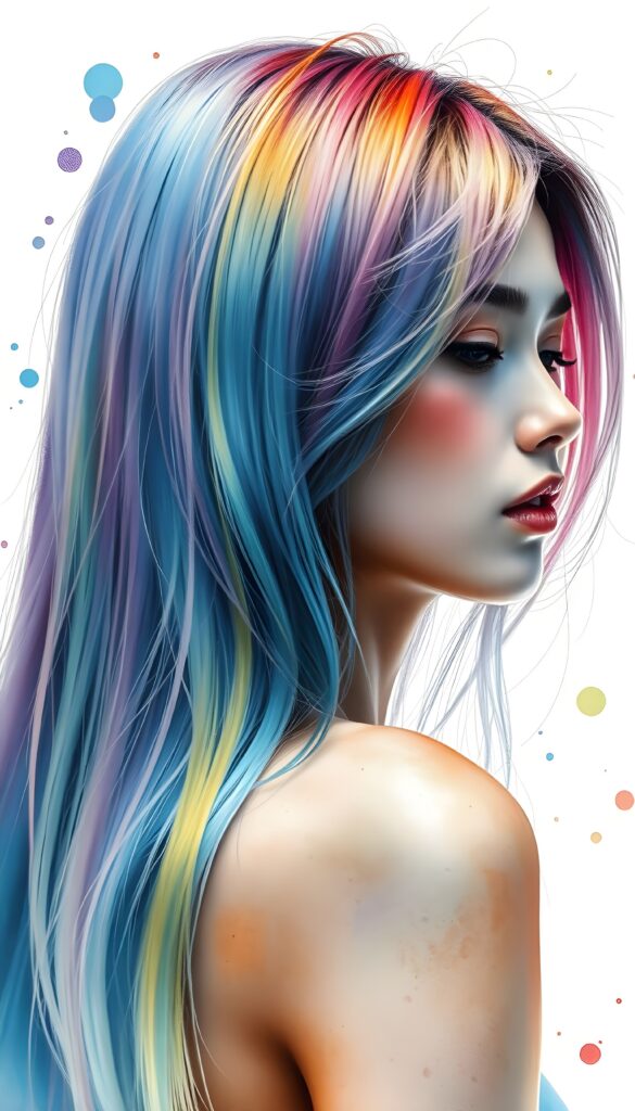 a beautiful, young teen girl, the ((hair in glowing rainbow colors)) ((detailed and realistic straight hair)), ((detailed, realistic photo)) ((perfect curved body)) ((gorgeous)) ((stunning)) ((cute)), view from the side.