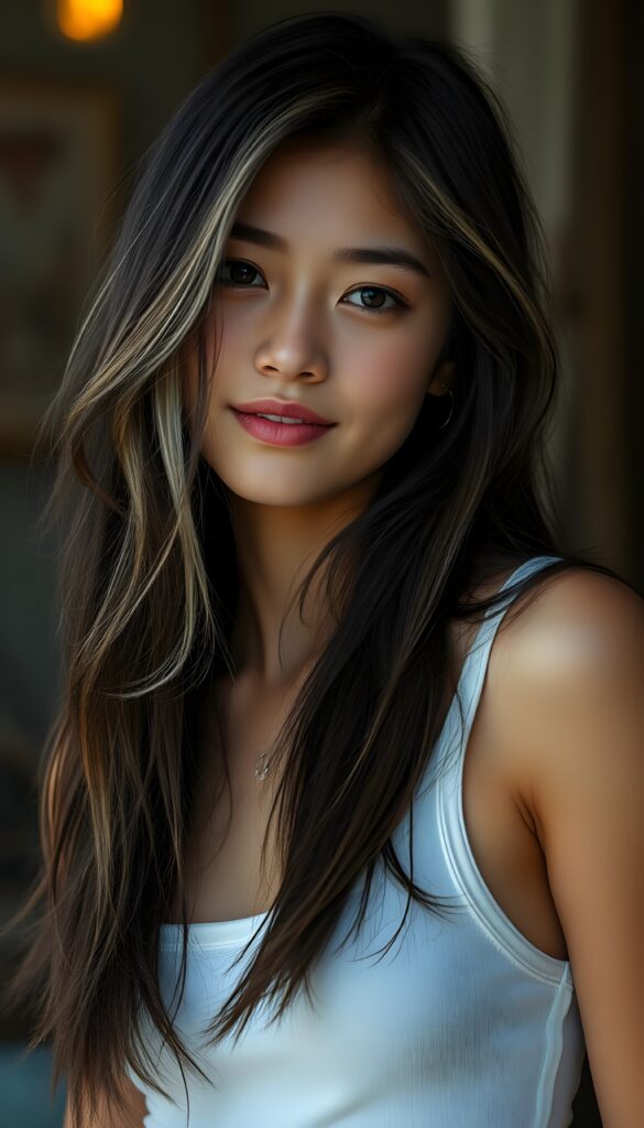 a beautiful, young teen girl, ((detailed and realistic dark straight hair with blond highlights)), ((detailed, realistic photo)) ((perfect curved body)) ((gorgeous)) ((stunning)) ((cute)), short crop tank top, enjoy her carefree life, she is smiling, posing