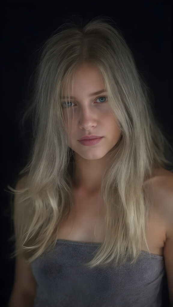 a beautiful, young teen girl, with ((light purpur soft long hair)), ((detailed and realistic hair)), ((wears a short spanned cropped tank top made of fine soft wool)), ((detailed, realistic photo)), ((perfect curved body)), ((gorgeous)), ((stunning)), ((cute)), ((black background))