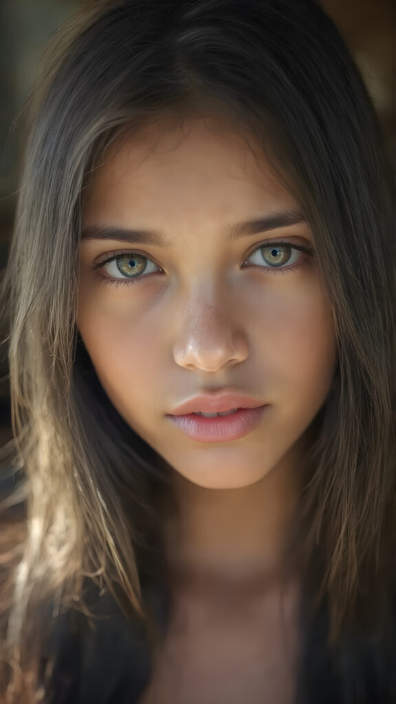 a beautiful, young tanned girl with long, straight black hair and a flawless face. Her hair falls over her shoulders and shines. Sparkling, beautiful eyes look out at the viewer. Full, plump lips. Round Face. ((Photograph, Portrait, Full body, Dramatic lighting, Warm tones, Hyper-detailed, Hyper-realistic))