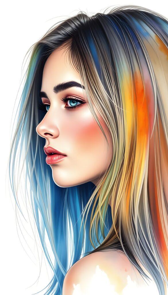 a beautiful, young teen girl, the ((hair in glowing rainbow colors)) ((detailed and realistic straight hair)), ((detailed, realistic photo)) ((perfect curved body)) ((gorgeous)) ((stunning)) ((cute)), view from the side.