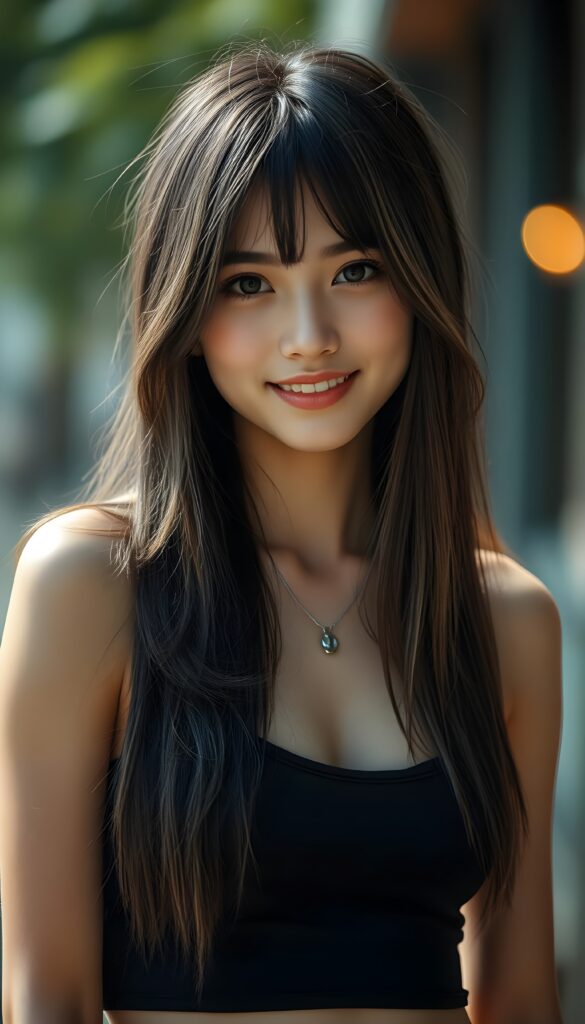 a beautiful, young teen girl, ((detailed and realistic dark straight hair with blond highlights)), ((detailed, realistic photo)) ((perfect curved body)) ((gorgeous)) ((stunning)) ((cute)), short crop tank top, enjoy her carefree life, she is smiling, posing