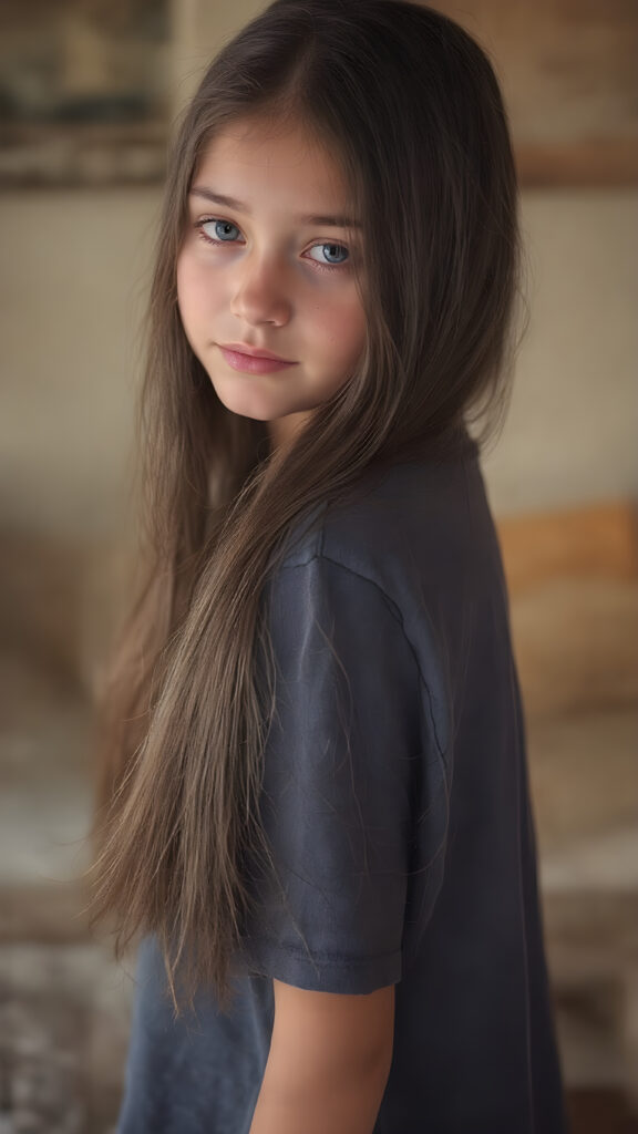 a beautiful young teen girl, with (long, straight, thick, jet natural black soft hair) (with visible natural freckles on her face) (full body view, with a slightly turned head, looking up into the camera) She wears an indigo (thigh-length) t-shirt, (that perfectly complements her youthful figure), the lighting is soft and warm, highlighting her natural beauty and the intricate details of her dress. There is a hint of mischief on her face, reflecting the playful essence of a teenager. The overall mood of the image is one of natural beauty and youthful confidence