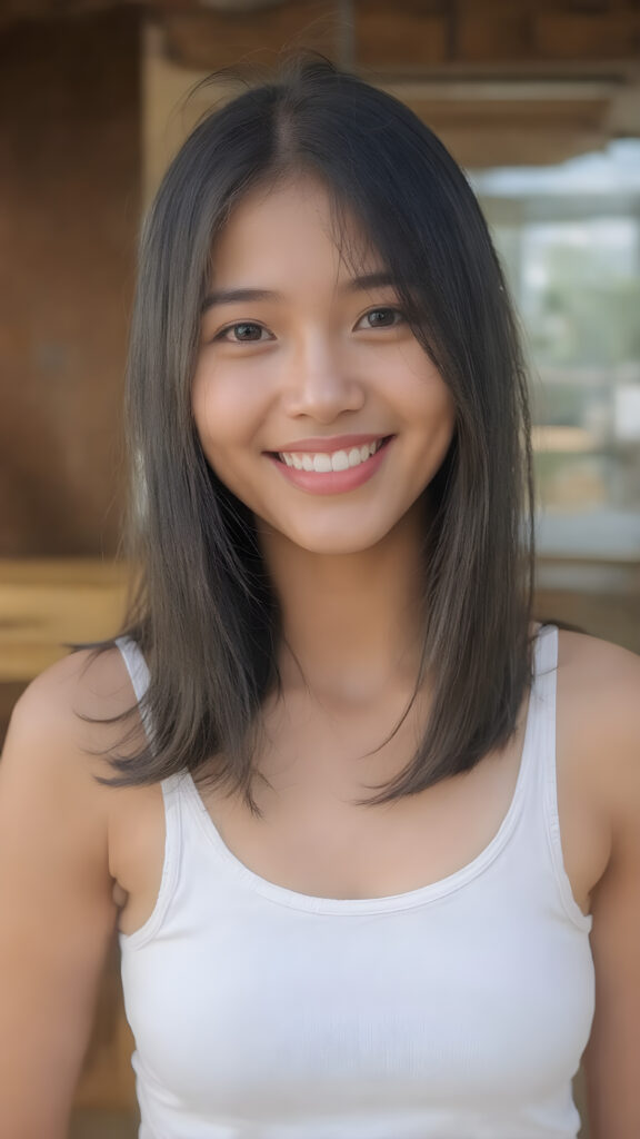 a beautiful yound adult (((Indonesian teen girl))), with long, jet soft (((black hair))), styled in a sleek, shiny, straight haircut with sharp, defined (((full lips))), emitting an ethereal glow that complements her otherwise natural features, dressed in a (((white plain short cropped tank top))), you can see her navel, she radiates pure joy, smile, perfect white teeth, against a sunny backdrop