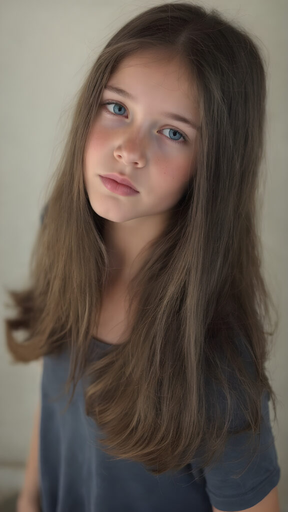 a beautiful young teen girl, with (long, straight, thick, jet natural black soft hair) (with visible natural freckles on her face) (full body view, with a slightly turned head, looking up into the camera) She wears an indigo (thigh-length) t-shirt, (that perfectly complements her youthful figure), the lighting is soft and warm, highlighting her natural beauty and the intricate details of her dress. There is a hint of mischief on her face, reflecting the playful essence of a teenager. The overall mood of the image is one of natural beauty and youthful confidence