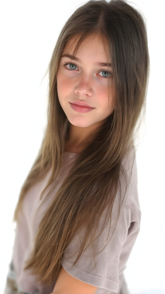 a beautiful young teen girl, with (long, straight, thick, jet indigo soft hair) (with visible natural freckles on her face) (full body view, with a slightly turned head, looking up into the camera) She wears a natural indigo (thigh-length) t-shirt, (that perfectly complements her youthful figure), the lighting is soft and warm, highlighting her natural beauty and the intricate details of her dress. There is a hint of mischief on her face, reflecting the playful essence of a teenager. The overall mood of the image is one of natural beauty and youthful confidence, all against a light indigo backdrop