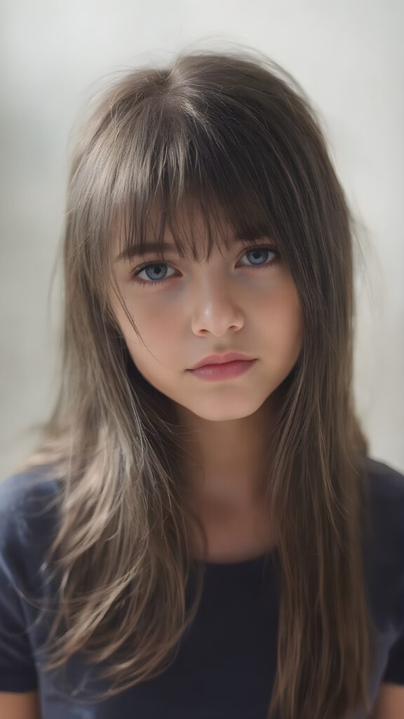 a beautiful young teen girl, with (long, straight, thick, jet natural black soft hair) (with visible natural freckles on her face) (full body view, with a slightly turned head, looking up into the camera) She wears an indigo (thigh-length) t-shirt, (that perfectly complements her youthful figure), the lighting is soft and warm, highlighting her natural beauty and the intricate details of her dress. There is a hint of mischief on her face, reflecting the playful essence of a teenager. The overall mood of the image is one of natural beauty and youthful confidence