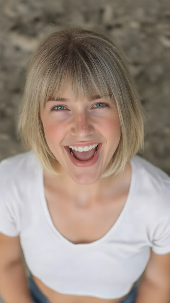 a beautiful young busty teen girl. Her short blonde hair in bob cut is soft and straight and she is overjoyed. The picture is very detailed and beautifully focused. The girl is wearing a short cropped white t-shirt and has a wonderfully shaped female body, view form above, open mouth, the girl is centered in the pictures