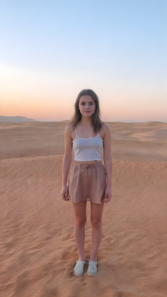 a beautiful young teen girl around 19 years, stands in a sandy desert with many dunes, an enchanting sunset, clear sky, soft colors immerse the picture in a beautiful photo, short cropped lifted tank top, round mini skirt, white shoes