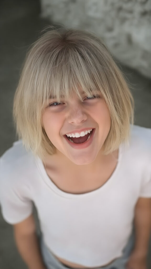 a beautiful young busty teen girl. Her short blonde hair in bob cut is soft and straight and she is overjoyed. The picture is very detailed and beautifully focused. The girl is wearing a short cropped white t-shirt and has a wonderfully shaped female body, view form above, open mouth, the girl is centered in the pictures