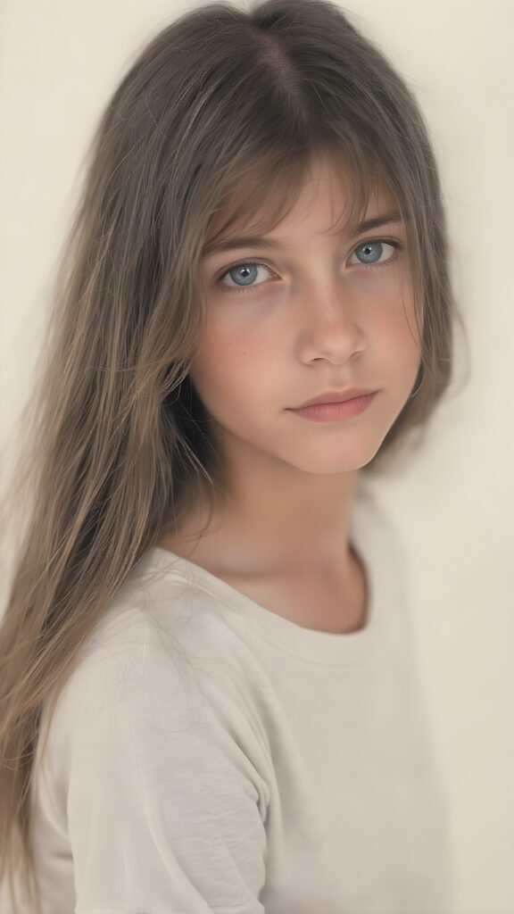 a beautiful young teen girl, with (long, straight, thick, jet indigo soft hair) (with visible natural freckles on her face) (full body view, with a slightly turned head, looking up into the camera) She wears a natural indigo (thigh-length) t-shirt, (that perfectly complements her youthful figure), the lighting is soft and warm, highlighting her natural beauty and the intricate details of her dress. There is a hint of mischief on her face, reflecting the playful essence of a teenager. The overall mood of the image is one of natural beauty and youthful confidence, all against a light indigo backdrop