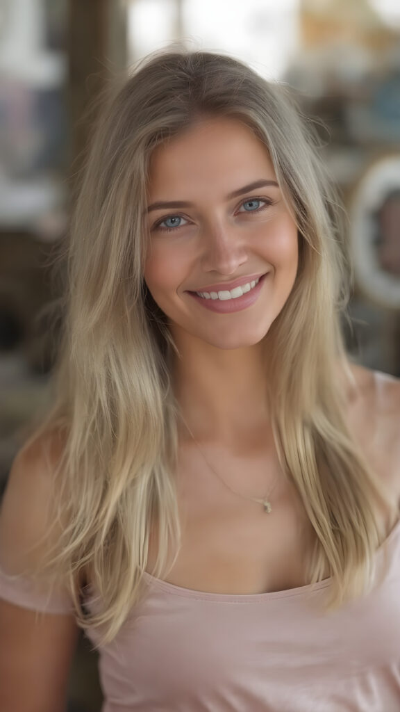 a beautiful you girl, with long blonde hair, smile, she wears a thin cropped t-shirt made of fine silk