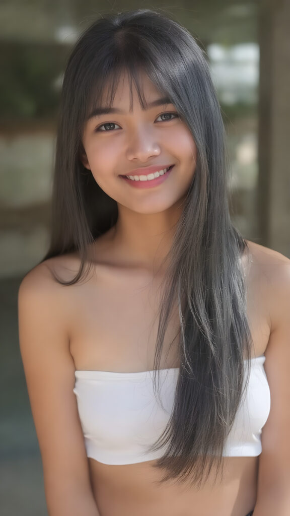 a beautiful yound adult (((Indonesian teen girl))), with long, jet soft (((black hair))), styled in a sleek, shiny, straight haircut with sharp, defined (((full lips))), emitting an ethereal glow that complements her otherwise natural features, dressed in a (((white plain short cropped tank top))), you can see her navel, she radiates pure joy, smile, perfect white teeth, against a sunny backdrop