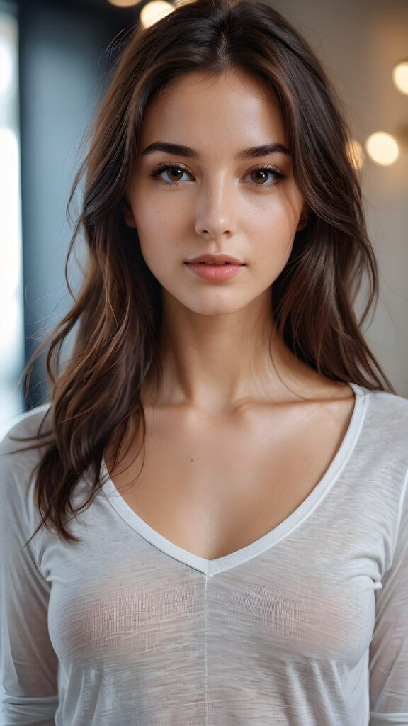 a beautiful young and delicate girl wears a thin and long T-shirt with a deep neckline. She looks seductively at the viewer and has thin, silky smooth beautiful hair that falls over her upper body