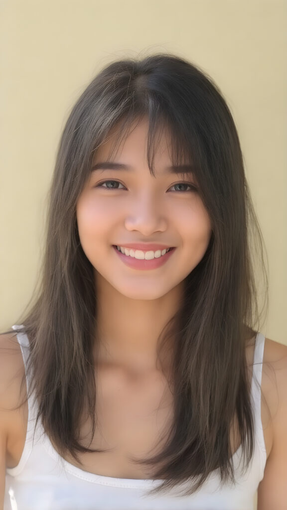 a beautiful yound adult (((Indonesian teen girl))), with long, jet soft (((black hair))), styled in a sleek, shiny, straight haircut with sharp, defined (((full lips))), emitting an ethereal glow that complements her otherwise natural features, dressed in a (((white plain short cropped tank top))), you can see her navel, she radiates pure joy, smile, perfect white teeth, against a sunny backdrop