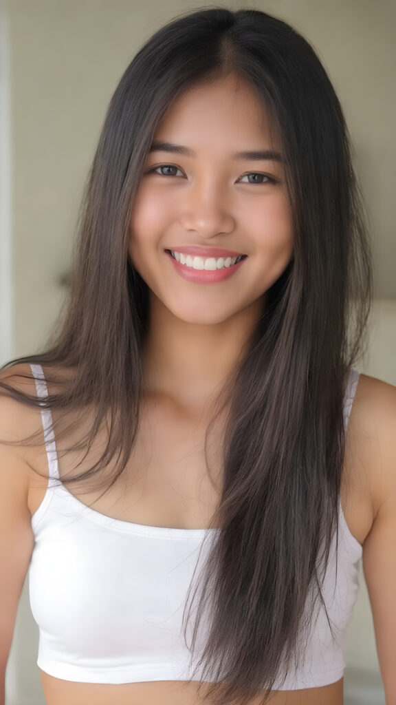 a beautiful yound adult (((Indonesian teen girl))), with long, jet soft (((black hair))), styled in a sleek, shiny, straight haircut with sharp, defined (((full lips))), emitting an ethereal glow that complements her otherwise natural features, dressed in a (((white plain short cropped tank top))), you can see her navel, she radiates pure joy, smile, perfect white teeth, against a sunny backdrop
