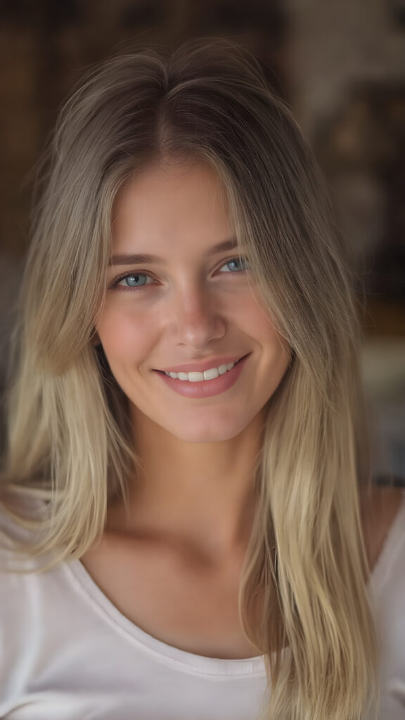 a beautiful you girl, with long blonde hair, smile, she wears a thin cropped t-shirt made of fine silk