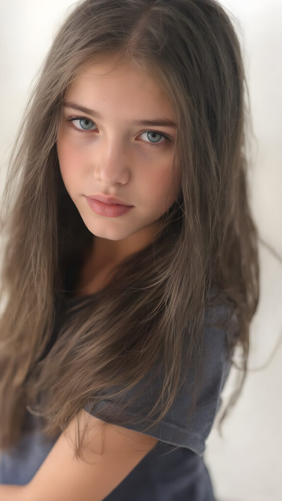 a beautiful young teen girl, with (long, straight, thick, jet natural black soft hair) (with visible natural freckles on her face) (full body view, with a slightly turned head, looking up into the camera) She wears an indigo (thigh-length) t-shirt, (that perfectly complements her youthful figure), the lighting is soft and warm, highlighting her natural beauty and the intricate details of her dress. There is a hint of mischief on her face, reflecting the playful essence of a teenager. The overall mood of the image is one of natural beauty and youthful confidence