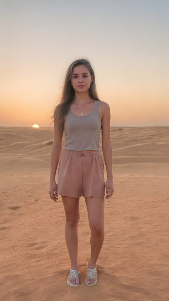 a beautiful young teen girl around 19 years, stands in a sandy desert with many dunes, an enchanting sunset, clear sky, soft colors immerse the picture in a beautiful photo, short cropped lifted tank top, round mini skirt, white shoes