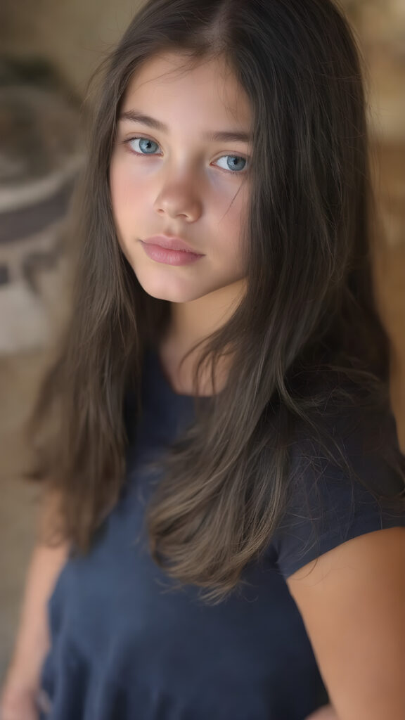 a beautiful young teen girl, with (long, straight, thick, jet natural black soft hair) (with visible natural freckles on her face) (full body view, with a slightly turned head, looking up into the camera) She wears an indigo (thigh-length) t-shirt, (that perfectly complements her youthful figure), the lighting is soft and warm, highlighting her natural beauty and the intricate details of her dress. There is a hint of mischief on her face, reflecting the playful essence of a teenager. The overall mood of the image is one of natural beauty and youthful confidence
