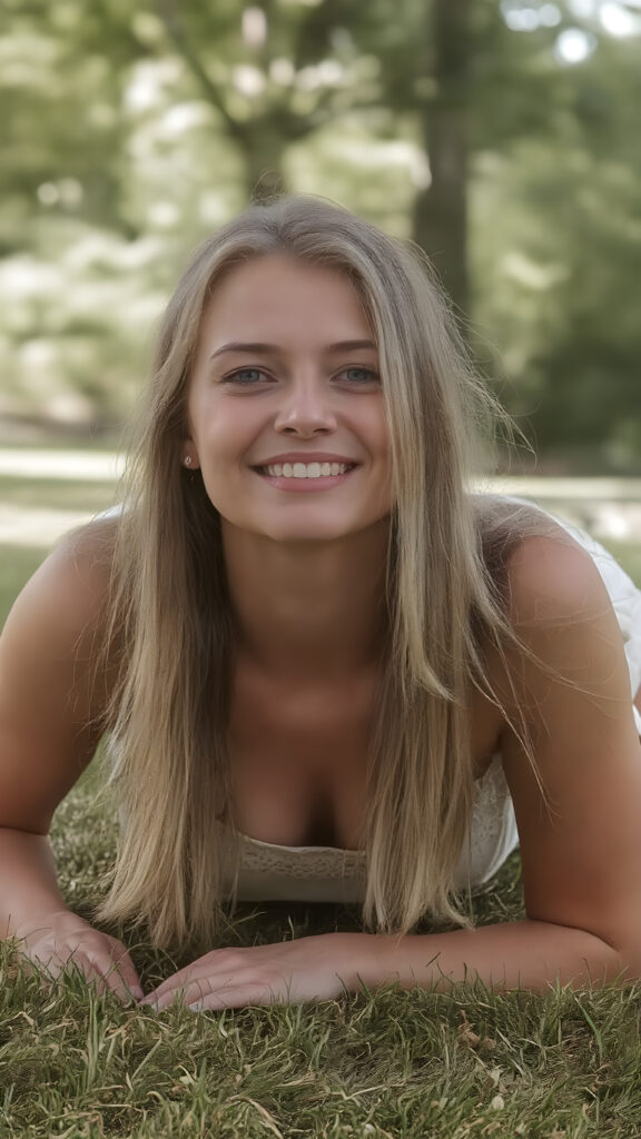 a beautiful young woman lies on her stomach, propped up on her two elbows on ground in a green park. Her long blonde hair is soft and straight and she is overjoyed. The picture is very detailed and beautifully focused. The woman is wearing a short cropped spaghetti summer tank top paired with a short skirt and has a wonderfully shaped female body.