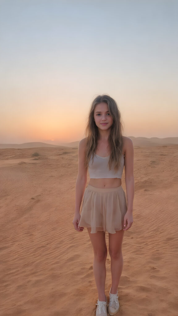 a beautiful young teen girl around 19 years, stands in a sandy desert with many dunes, an enchanting sunset, clear sky, soft colors immerse the picture in a beautiful photo, short cropped lifted tank top, round mini skirt, white shoes