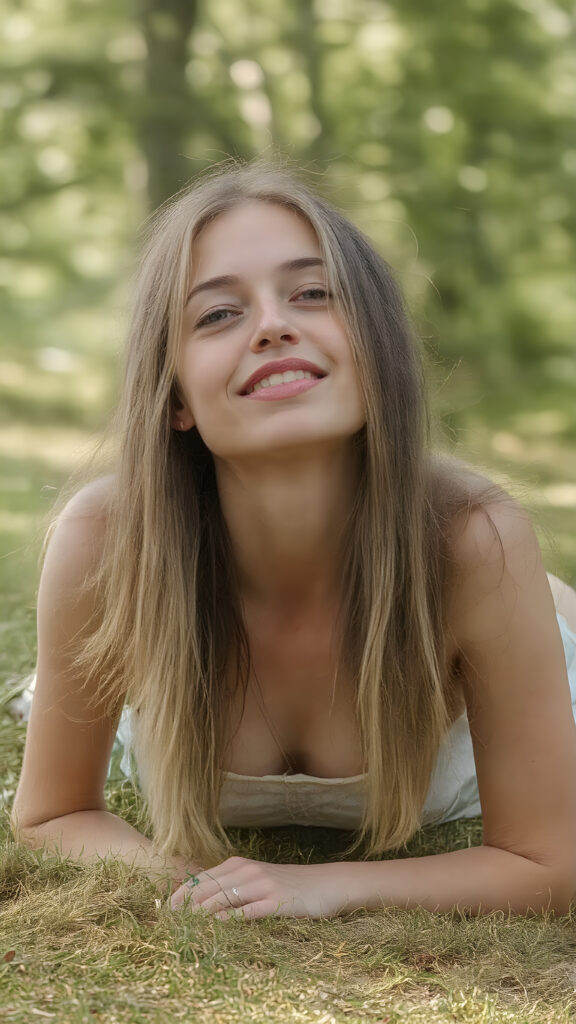 a beautiful young woman lies on her stomach, propped up on her two elbows on ground in a green park. Her long blonde hair is soft and straight and she is overjoyed. The picture is very detailed and beautifully focused. The woman is wearing a short cropped spaghetti summer tank top paired with a short skirt and has a wonderfully shaped female body.