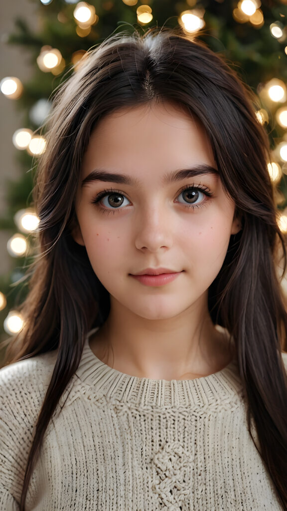 a beautiful young teen girl with dark hair and big saucer eyes looks sweetly into the camera, she wears a super fine sweater made of wool, perfect curved body