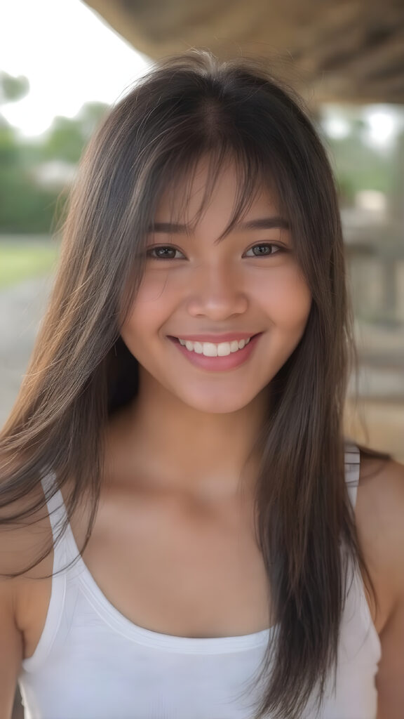 a beautiful yound adult (((Indonesian teen girl))), with long, jet soft (((black hair))), styled in a sleek, shiny, straight haircut with sharp, defined (((full lips))), emitting an ethereal glow that complements her otherwise natural features, dressed in a (((white plain short cropped tank top))), you can see her navel, she radiates pure joy, smile, perfect white teeth, against a sunny backdrop