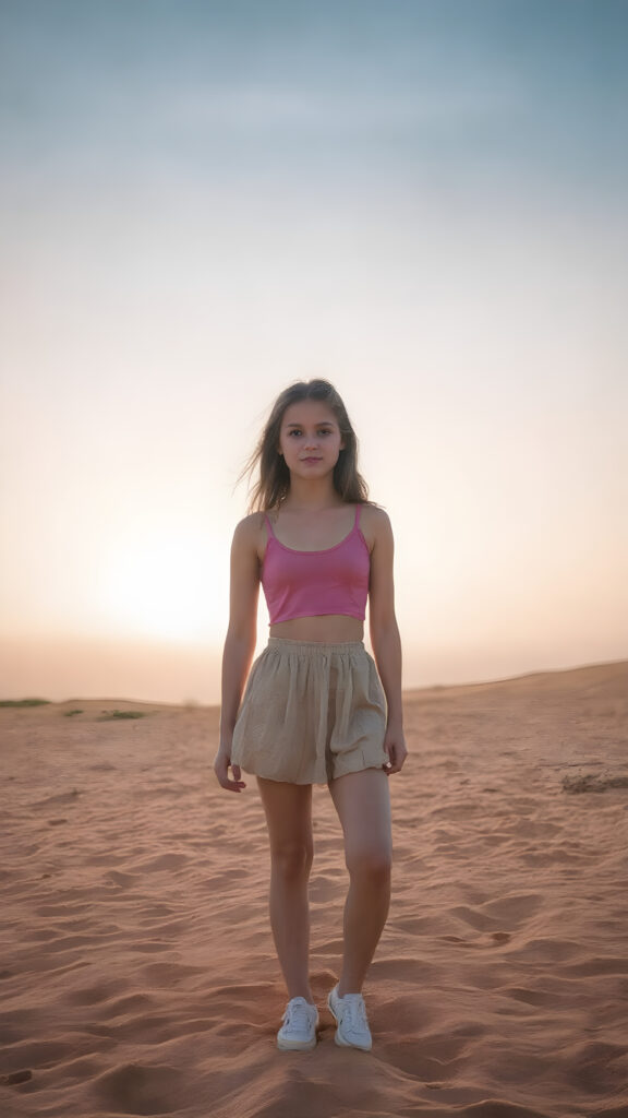 a beautiful young teen girl around 19 years, stands in a sandy desert with many dunes, an enchanting sunset, clear sky, soft colors immerse the picture in a beautiful photo, short cropped lifted tank top, round mini skirt, white shoes