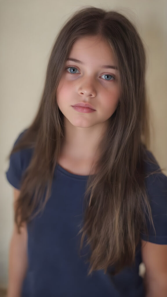 a beautiful young teen girl, with (long, straight, thick, jet natural black soft hair) (with visible natural freckles on her face) (full body view, with a slightly turned head, looking up into the camera) She wears an indigo (thigh-length) t-shirt, (that perfectly complements her youthful figure), the lighting is soft and warm, highlighting her natural beauty and the intricate details of her dress. There is a hint of mischief on her face, reflecting the playful essence of a teenager. The overall mood of the image is one of natural beauty and youthful confidence